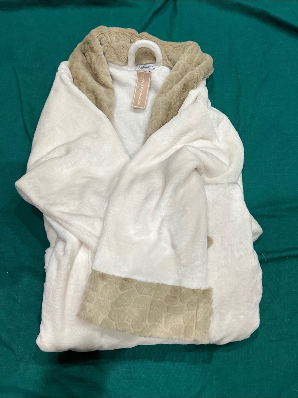 Fraiche Maison Cream Bath Robe with Taupe Trim - Plush Cozy Wrap Women size XL